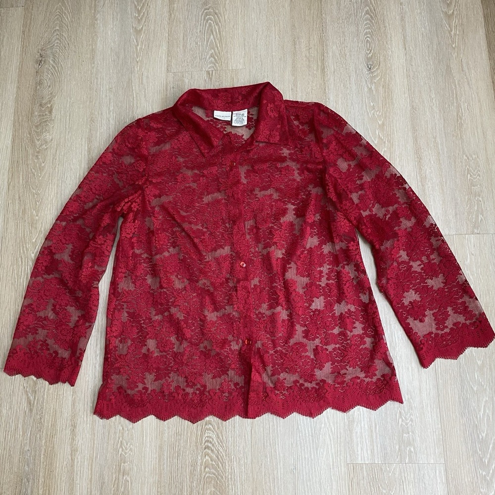 VTG Red Lace Blouse Womens Plus 16W Sheer Floral Button Up Gothic Eyelash Trim